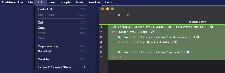 FileMaker Script Workspace showing the order-approval script with the steps selected and the Edit menu open on Copy