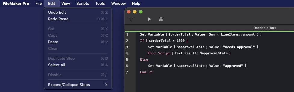 The same script pasted back into FileMaker, with the variable renamed from $status to $approvalState